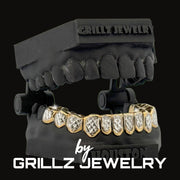 Grillz jewelry set on a black background with 'Grillz Jewelry' branding.