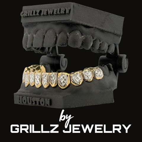 Grillz jewelry set on a black background with 'Grillz Jewelry' branding.