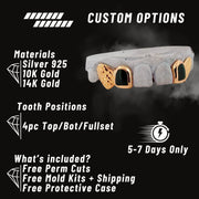 Advertisement for custom dental jewelry with gold and silver components on a black background.