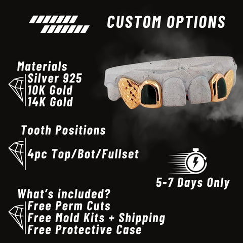 Advertisement for custom dental jewelry with gold and silver components on a black background.