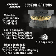 Gold dental jewelry display with customizable options on a black background