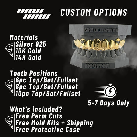 Gold dental jewelry display with customizable options on a black background