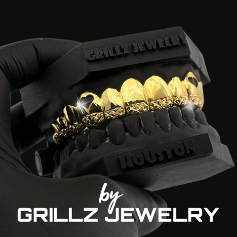 Grillz jewelry set with 'Grillz Jewelry' branding on a black background