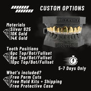 Custom jewelry options with materials, tooth positions, and included items on a black background.