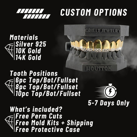 Custom jewelry options with materials, tooth positions, and included items on a black background.