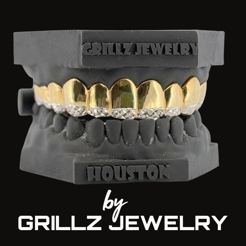 Grillz jewelry set with gold and silver teeth on a black background, branded as Grillz Jewelry.
