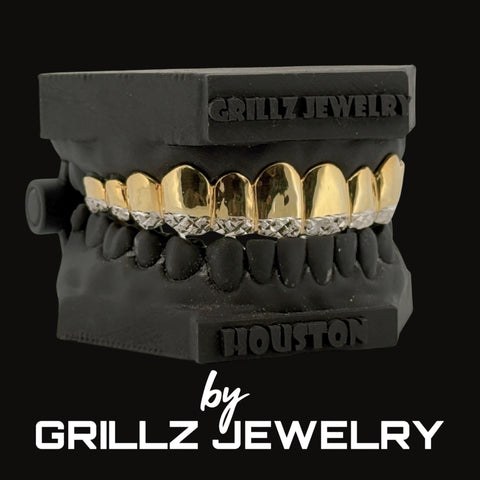 Black and gold grillz jewelry set with 'Grillz Jewelry' branding on a black background.
