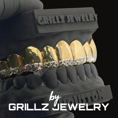 Black and gold grillz jewelry set on a black background with 'Grillz Jewelry' branding.
