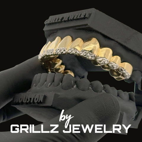 Silver grillz jewelry on a black background with 'Grillz Jewelry' branding.
