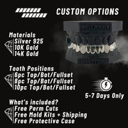 Custom grillz with gold options and additional features on a black background