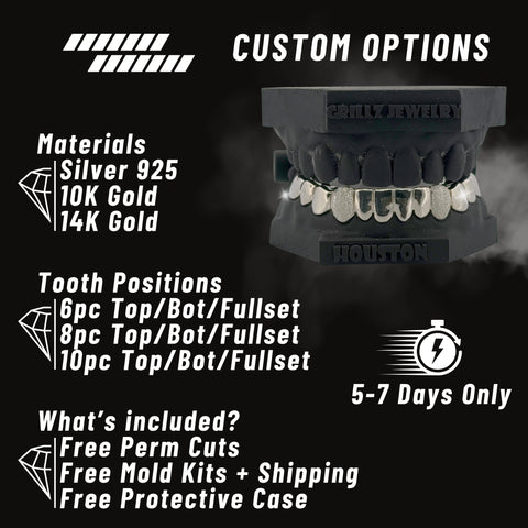 Custom grillz with gold options and additional features on a black background