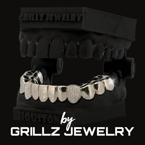 Grillz jewelry set on a black background with 'Grillz Jewelry' branding.