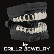 Grillz jewelry set on a black background with 'Grillz Jewelry' branding.