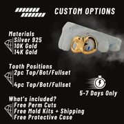 Gold dental model with custom options text on a black background