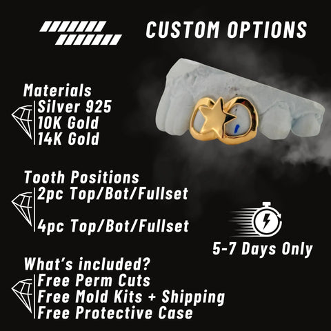 Gold dental model with custom options text on a black background