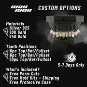 Advertisement for custom dental jewelry with materials, tooth positions, and included items listed.