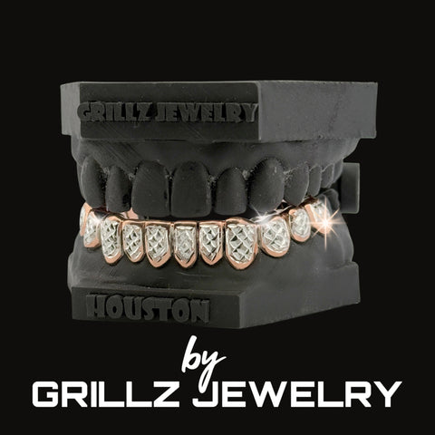 Grillz jewelry set on a black background with 'Grillz Jewelry' branding.