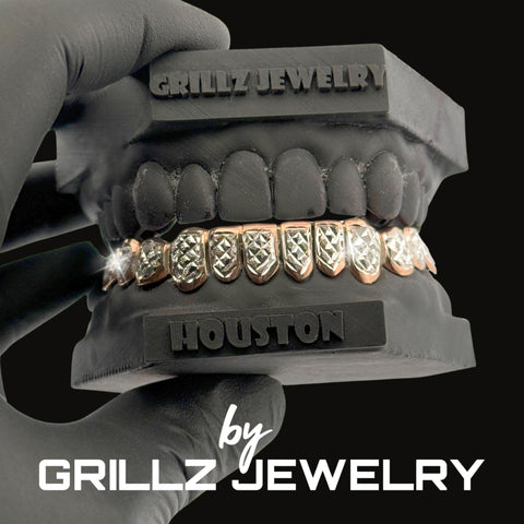 Grillz jewelry set on a black background with 'Grillz Jewelry' branding.