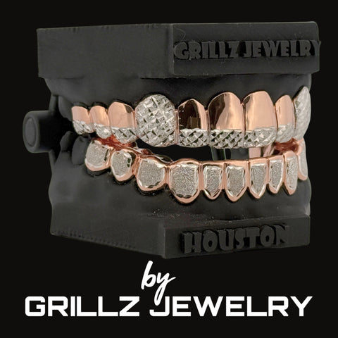 Grillz jewelry set on a black stand with 'Grillz Jewelry' branding.