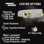 Gold and silver dental grill with customization options on a black background
