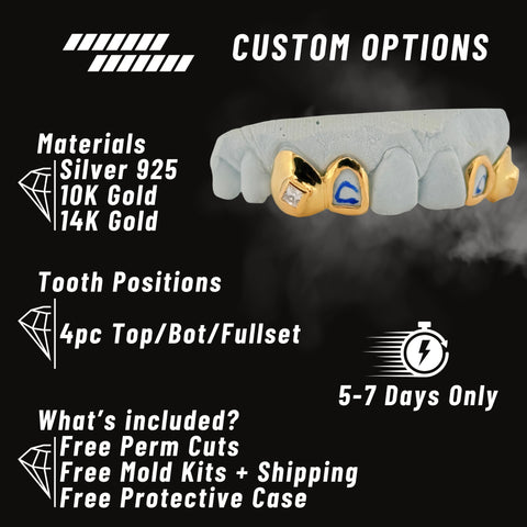 Gold and silver dental grill with customization options on a black background