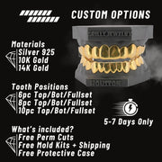 Gold teeth grill with customization options on a black background