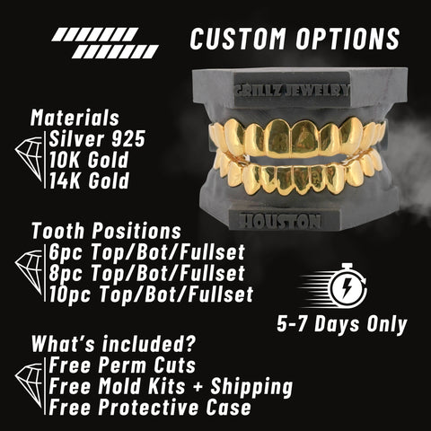 Gold teeth grill with customization options on a black background