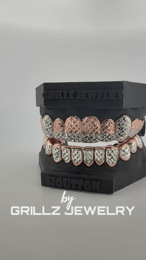 Custom rose gold frame grillz with diamond accents - luxury pink-toned dental jewelry