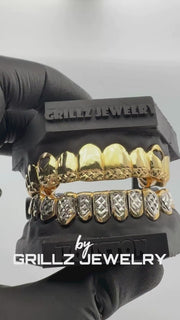 14K Yellow Gold Teeth Grillz with Frosted White Diamond Dust - Bespoke Hip-Hop Bling
