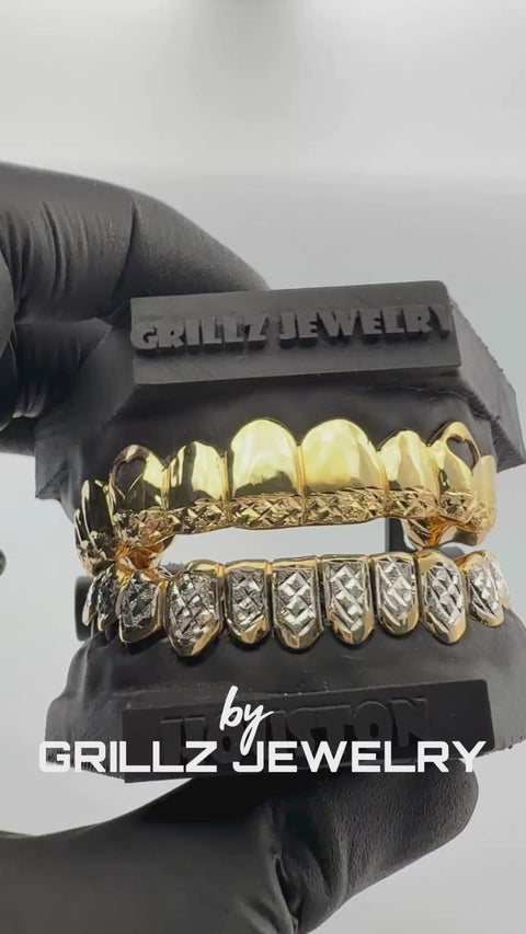 14K Yellow Gold Teeth Grillz with Frosted White Diamond Dust - Bespoke Hip-Hop Bling