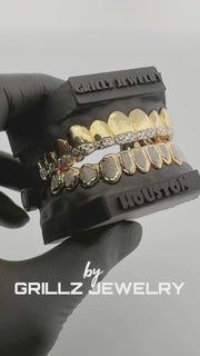 Luxury Dual-Finish Grillz - Sleek Gold Upper with Iced Out Diamond Lower Teeth
